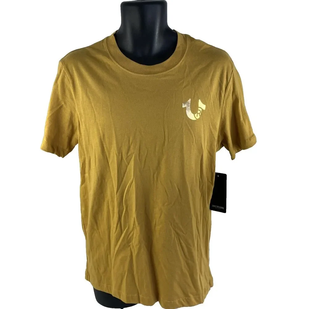 New Mens True Religion Short Sleeve Honey‎ Mustard Gold Foil T-Shirt Sz M NWT